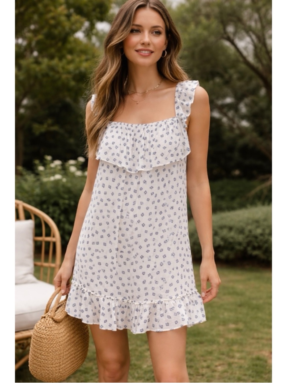 MISA LOS ANGELES | Sleeveless White Blue Geometric Print Ruffle Dress Medium